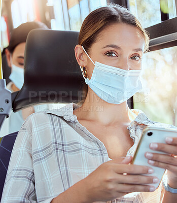 Buy stock photo Covid, bus and mask portrait with smartphone for public commute digital entertainment online. Girl travelling with pandemic protection for social distance and enjoying 5g mobile connection.
