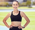 Sports track, portrait and fitness woman, athlete and runner ready for competition training, exercise and cardio workout with motivation. Happy, smile and healthy strong person running marathon field