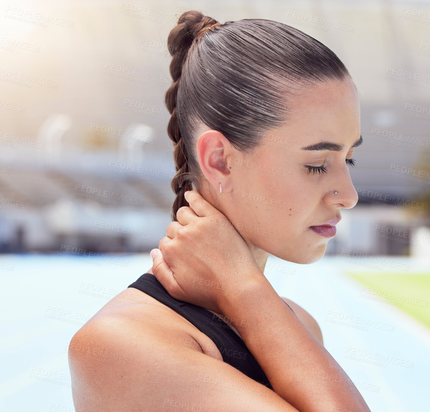 Buy stock photo Runner woman and neck injury pain with athlete sports training practice technique failure. Marathon girl fitness accident and active person holding injured body muscle on outdoor track.