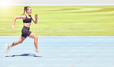 Buy stock photo Runner woman and marathon training on stadium track for athlete competition exercise commitment. Fitness, wellness and workout girl sprint and speed for athletic performance practice.

