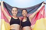 Women, sports team and German winner flag in exercise, workout or training competition success. Portrait, happy smile or fitness people with country pride, motivation goals or wellness target mindset
