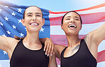 Athlete flag, sports support and women winning race at sport stadium, happy with teamwork in marathon and smile for success winning competition. Fitness runner team in celebration of usa at event