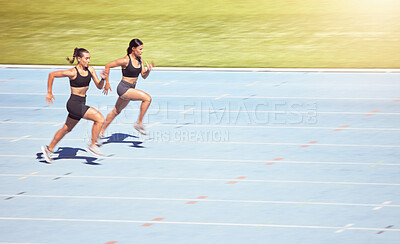Buy stock photo Sports, sprint runner women in competition on stadium with lens flare for power, speed and motivation. Professional athlete fitness people marathon running, training for goals, challenge and energy