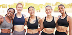 Fitness, portrait and happy running team on a runners racetrack for training, exercise and group workout as friends. Smile, Diversity and healthy girls with of slim, strong and athletic sports body