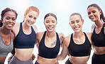 Sports, exercise and fitness with woman friends outdoor for training, workout or health. Diversity, wellness and motivation with a group of female athletes exercising for cardio and strength