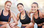 Women, diversity and sport, for health, fitness and physical wellness outdoors in the sun. Athletes, sports team and smile together outside, during training at running club or global competition