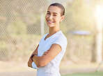 Fitness, sport and tennis with woman on court with arms crossed for game, training and exercise. Motivation, wellness and summer with happy girl in sports club for workout, health and empowerment