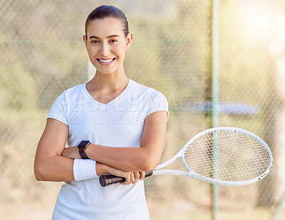 Buy stock photo Tennis player, woman portrait and sports match of happy athlete with racket and positive mindset outdoor court practice, training or exercise. Female ready for fitness motivation, competition or game