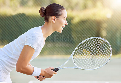 Buy stock photo Woman, tennis court or ready for game serve in training, exercise or energy fitness for competition workout goals. Smile, happy or motivation for sports person with health, wellness or winner mindset