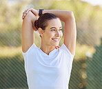 Health, sport and stretching woman before run, happy and smile while exercise warm up in a morning at a park. Fitness, energy and training by healthy female relax and stretch, prepare body for cardio