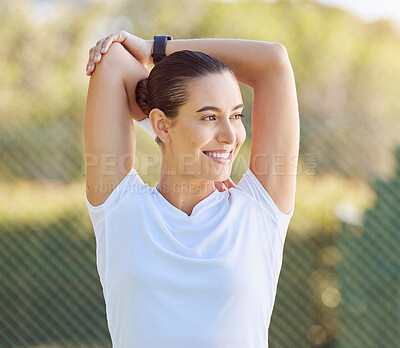 Buy stock photo Health, sport and stretching woman before run, happy and smile while exercise warm up in a morning at a park. Fitness, energy and training by healthy female relax and stretch, prepare body for cardio