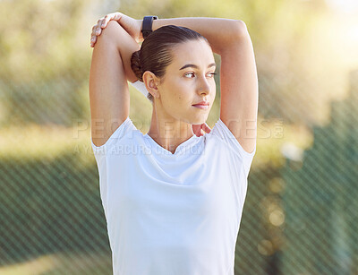 Buy stock photo Tennis stretching, sports goal and woman training on a court for fitness, motivation for professional event and start of game on outdoor court. Athlete thinking while doing warm up before workout