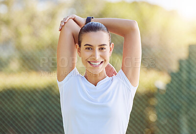 Buy stock photo Sport, fitness and stretching with a sports woman training during an exercise workout for health and wellness. Healthy, performance and strong with a female athlete getting ready to start a routine