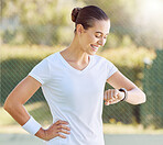 Woman with watch relax after exercise, fitness or sports training for cardio, health and body wellness. Young girl, athlete or marathon runner with stopwatch pause to check workout running time time