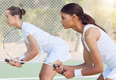 Buy stock photo Tennis, doubles match and focus women ready to start game, competition and tournament play in Melbourne, Australia sports court outdoors. Players teamwork, racket bat and athletes training challenge