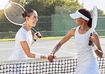 Tennis, friends and match in sports fitness and training for friendly game at the outdoor court. Happy women in sport competition holding rackets for fun workout or exercise together in sportsmanship