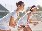 Team of tennis women in competition on court, teamwork in sports game and training in collaboration for sport together in summer. Face portrait of professional sport athlete in game match or practice