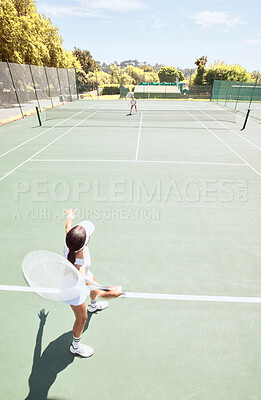 Buy stock photo Women, tennis and athlete with racket equipment or gear play a match at outdoor sport activity on a court. Fitness, exercise and workout in training, game or match during a competitive sport  