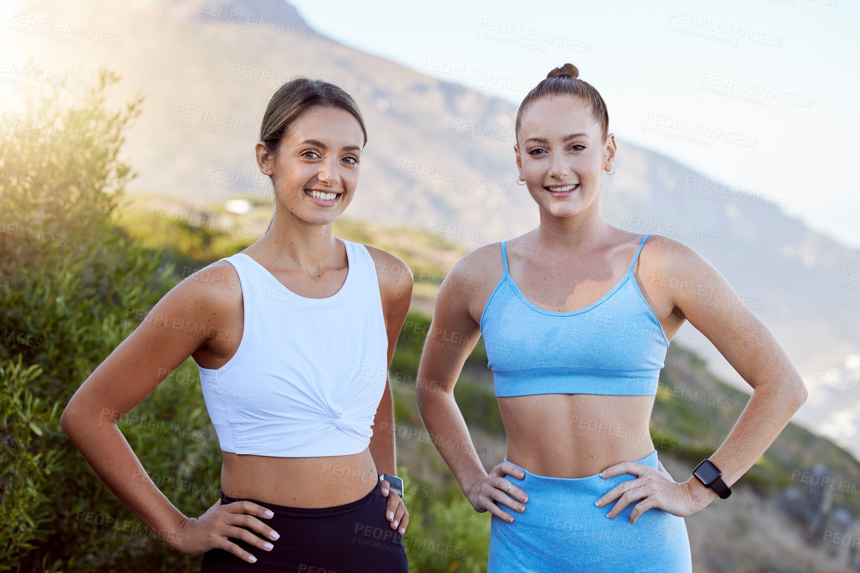 Buy stock photo Fitness, hiking women or mountains in nature environment or sustainability landscape for workout, training or exercise. Smile portrait or happy sports friends with wellness motivation or health goals