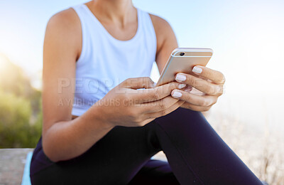 Buy stock photo Relax, fitness and social media mobile girl connection with 5g technology typing on screen. Workout woman on smartphone for outdoor rest break with internet app connectivity in nature.

