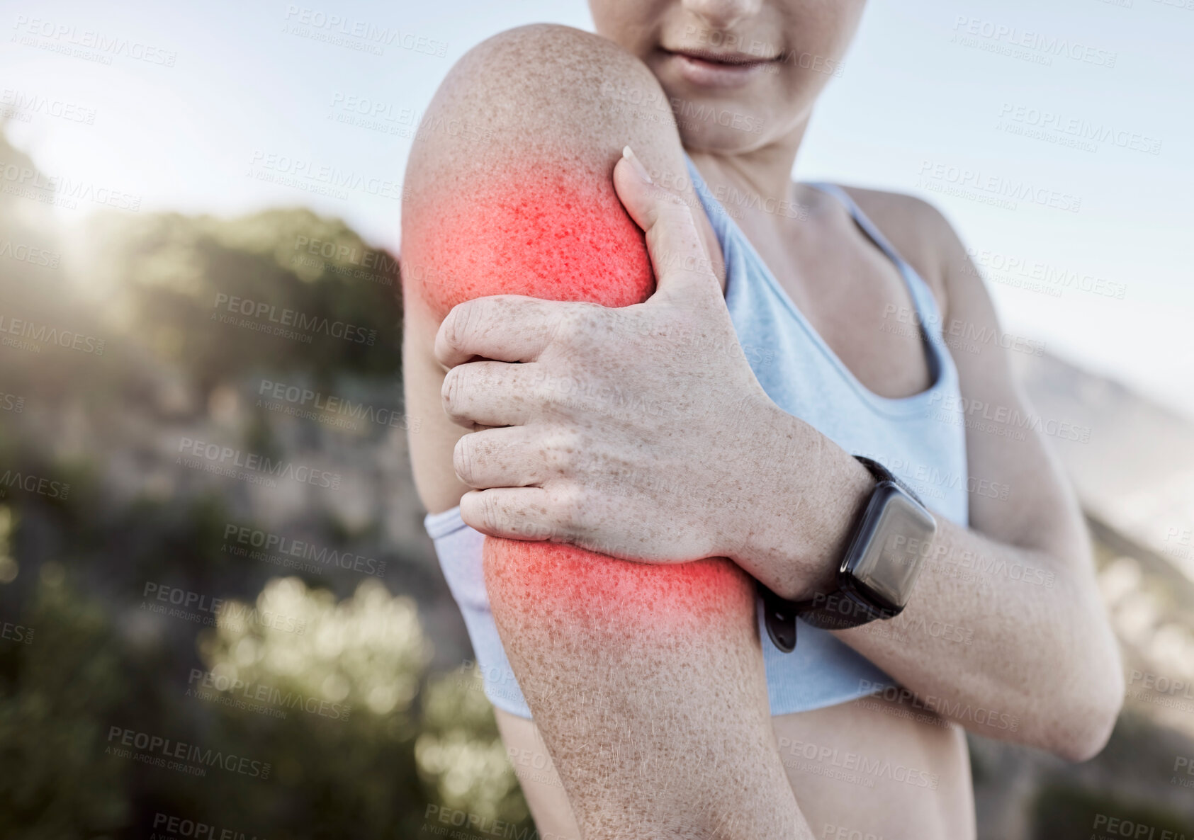 Buy stock photo Sports injury, arm pain and a woman outside during exercise holding sore body muscle after fitness training and workout with glowing red anatomy. Runner female athlete sore and need arthritis relief
