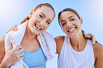 Healthy, exercise and friends smile after a workout or yoga training outdoor. Portrait of happy women enjoy cardio and fitness, excited and active at health and wellness club with blue sky background
