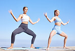 Yoga women, goddess pose and outdoor workout for balance, zen energy and wellness. Calm, healthy lifestyle and spiritual friends pilates exercise, training performance and stretching body together