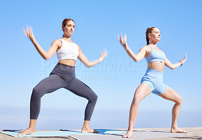 Buy stock photo Yoga women, goddess pose and outdoor workout for balance, zen energy and wellness. Calm, healthy lifestyle and spiritual friends pilates exercise, training performance and stretching body together