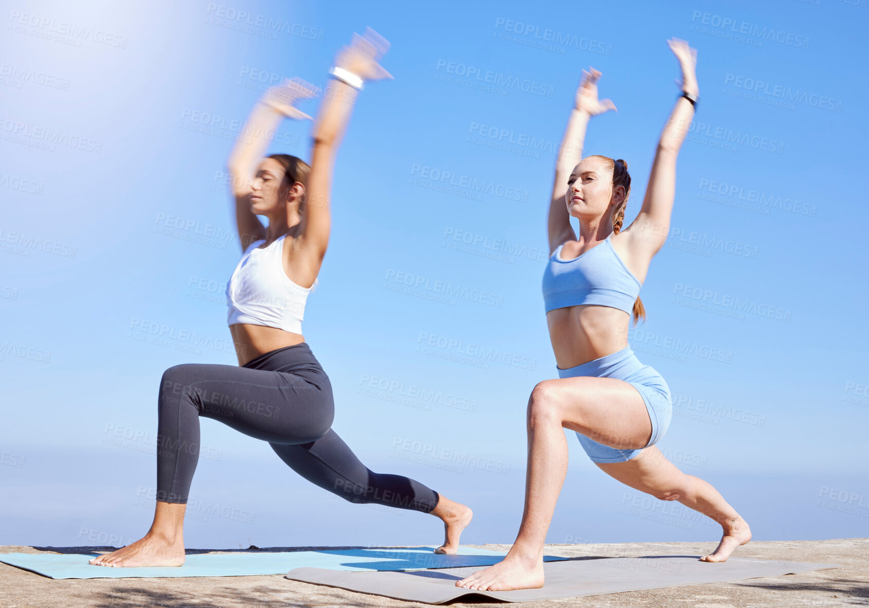 Buy stock photo Yoga, pilates and wellness women with outdoor summer lens flare for healthy body and lifestyle. Fitness, cardio of personal trainer or sports people in workout training or exercise on blue sky mockup