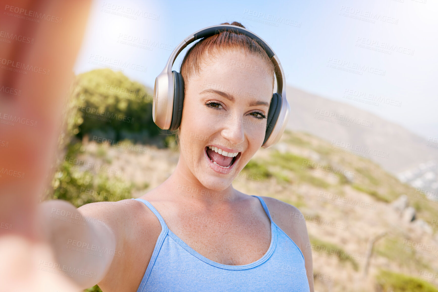 Buy stock photo Fitness selfie, happy and smile of woman streaming music on headphones outdoor in nature. Happiness of a person after a wellness, sport and exercise while listening to web radio or internet audio