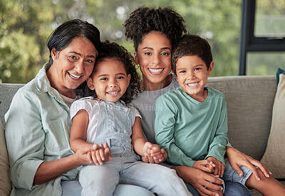 Buy stock photo Happy family, grandmother and mom with her children in a portrait at home enjoying quality time on mothers day. Senior woman, kids and their young mum smiling, bonding and relaxing in Colombia
