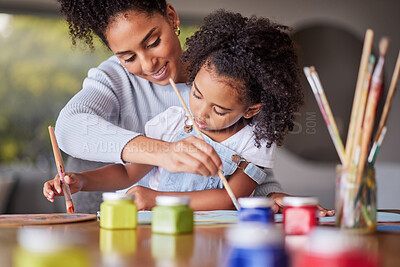 Buy stock photo Art education, mother and child painting for an art preschool project with a young mom helping her daughter at home. Kindergarten, love and creative painter with brush teaching and drawing with girl