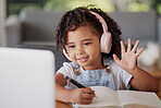 Video call, laptop and education child wave hello in online class communication, conversation or talk while at home. E learning, homeschool and question from remote student girl with pen and notebook