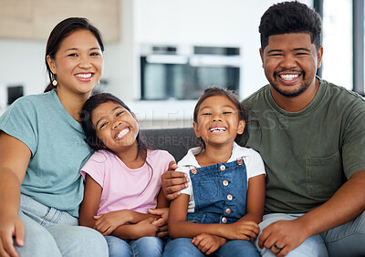 Buy stock photo Family, sofa and home smile with happy, kids and parents together, on weekend or holiday. Mom, dad and children in living room, show love and care on vacation or travel in house or hotel in Indonesia