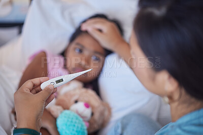 Buy stock photo Medical home thermometer, mother check sick child and 
check results of girl covid virus in india. Nursing healthcare diagnosis, stay in bedroom with fever flu and woman touching warm forehead of kid