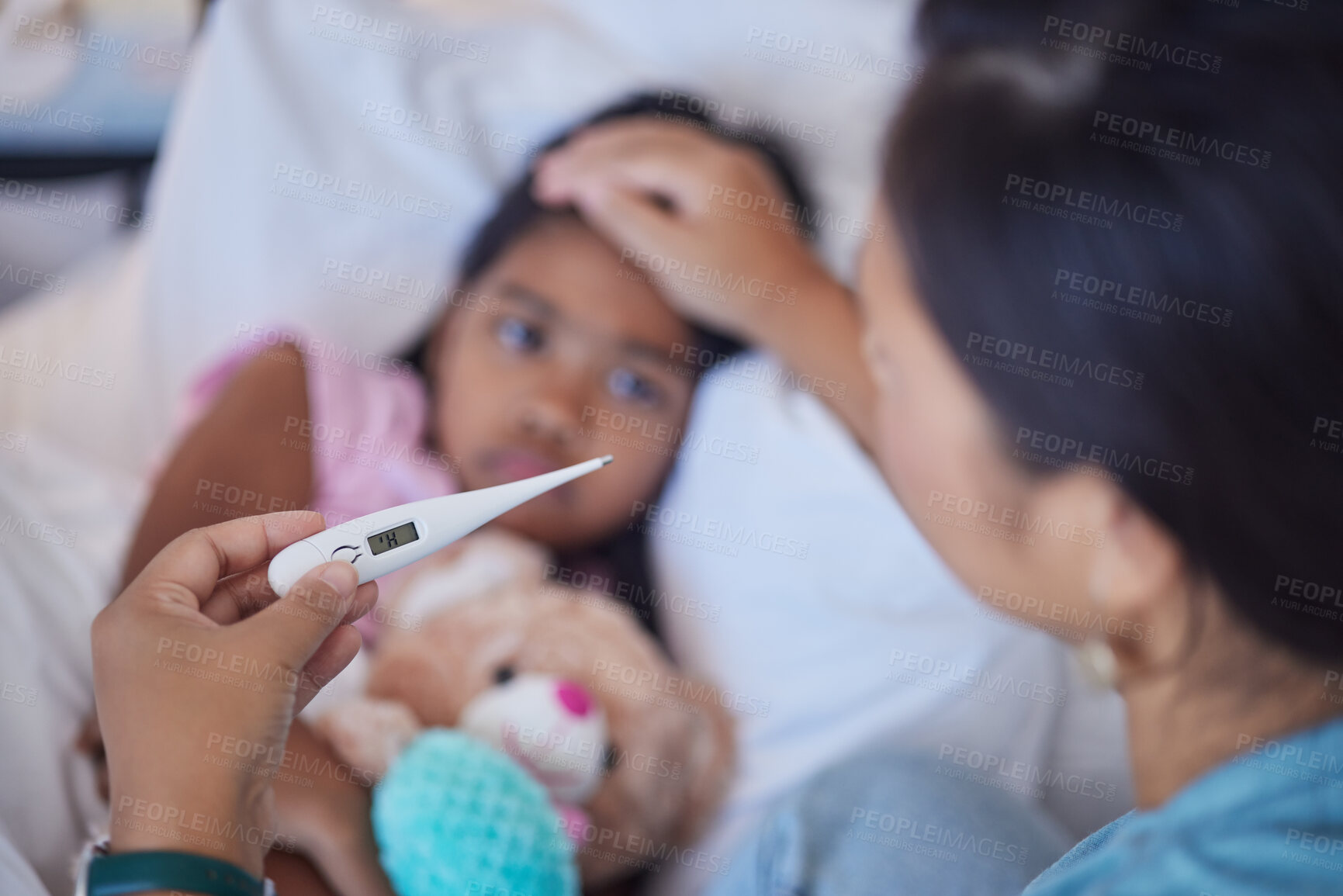 Buy stock photo Medical home thermometer, mother check sick child and 
check results of girl covid virus in india. Nursing healthcare diagnosis, stay in bedroom with fever flu and woman touching warm forehead of kid