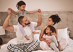 Family morning, bed relax and parents happy with children in bed, smile in bedroom of house and love for kids in home together. Girl siblings playing and bonding in happiness with mother and father