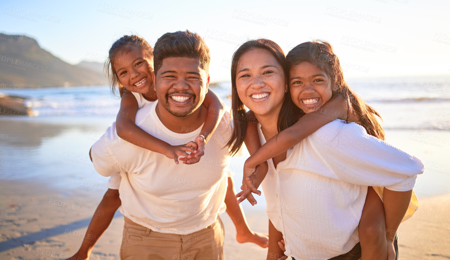Buy stock photo Family, beach vacation and smile of kids and parents having fun during piggyback ride game on summer travel holiday. Portrait of man, woman and girl children together for bonding trip in Indonesia