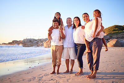 Buy stock photo Travel, portrait and family at the beach at sunset, happy and relax while walking and bonding at the ocean together. Wellness, freedom and happy family enjoying a calm, relax walk on sea sand 