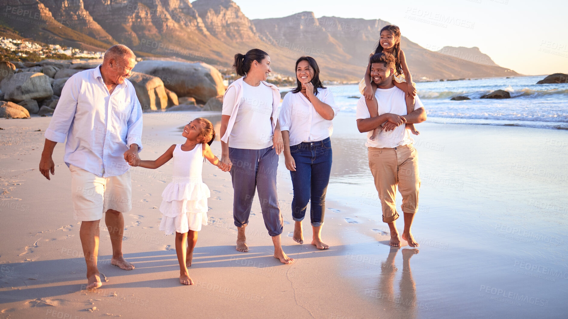 Buy stock photo Generation big family walking beach in summer vacation, travel and freedom in South Africa. Happy, smile and carefree grandparents, parents and kids relax, bond and enjoy funny sunny holiday together