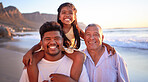 father, grandfather and girl smile while on beach summer vacation in Indonesia during sunset. Happy family enjoy a travel holiday with tropical weather, love and happiness while bonding together