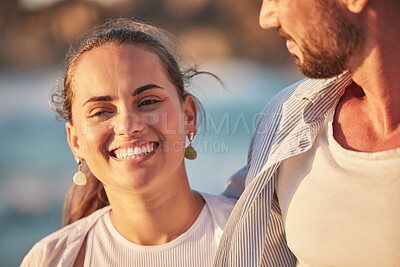 Buy stock photo Love, smile and ocean, a happy woman with man on a summer holiday at the beach. Romance, nature and sun, a couple from Mexico walking by the sea. Happiness, sunset and romantic vacation time together