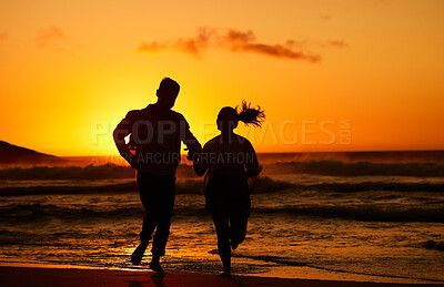 Buy stock photo Fitness, beach and couple silhouette running at sunset, training in water and health workout. Love, sunrise and woman and man bond while exercise along the sea, healthy lifestyle with morning cardio