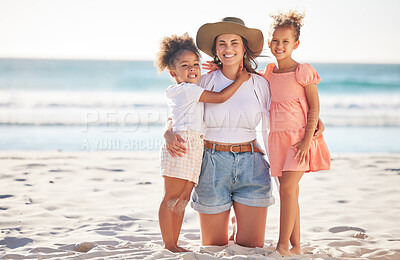 Buy stock photo Beach, portrait and mother with children on sand for Puerto Rico holiday together with family. Happy mom and interracial kids bonding time to relax and rest on summer ocean travel vacation.