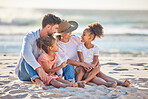 Parents, kids and beach sand vacation, family holiday and summer sea travel together in Portugal. Smile mom, love dad and happy young girl children, relax and quality time in sunshine ocean outdoors