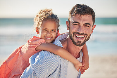 Buy stock photo Beach portrait, child smile and father on holiday by the ocean in Dubai for family travel during summer. Happy girl and dad giving hug with care on vacation and freedom by the sea in nature together
