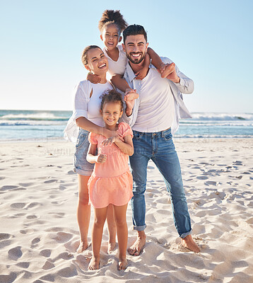 Buy stock photo Family, portrait and happy smile on the beach with children and parents on sand in the sun. Summer fun of kids, mother and man by the ocean water and waves with happiness and quality time in nature