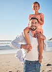 Father, girl and beach portrait, vacation or Brazil summer holiday. Love, family and dad, kid walking and bonding together spending time on ocean, sea or sandy shore in support, care and piggy back.