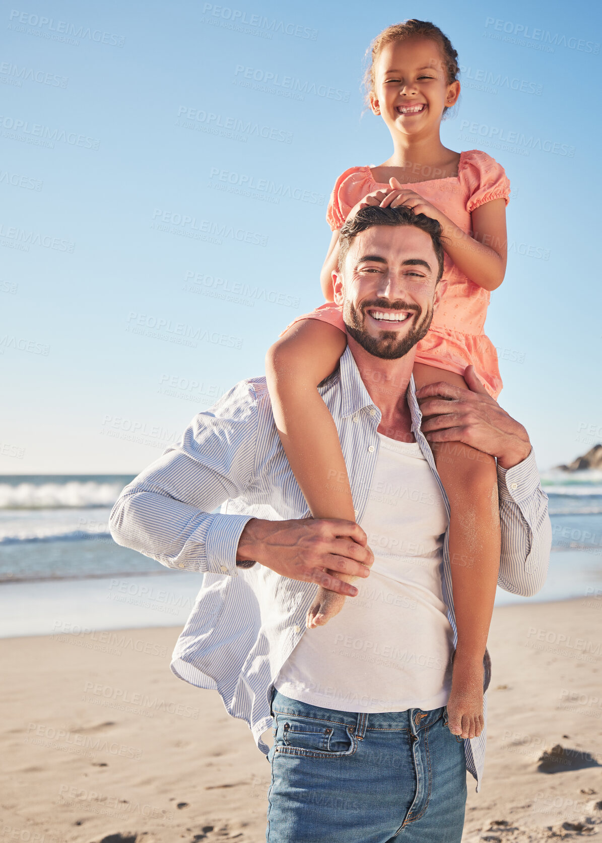 Buy stock photo Father, girl and beach portrait, vacation or Brazil summer holiday. Love, family and foster dad, kid and bonding together spending time on ocean, sea or sandy shore in support, care and piggy back.