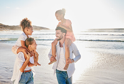 Buy stock photo Nature, smile and happy family at the beach to relax in freedom, peace and memories together in summer. Travel, mother and father in an interracial relationship carrying children on holiday at sea